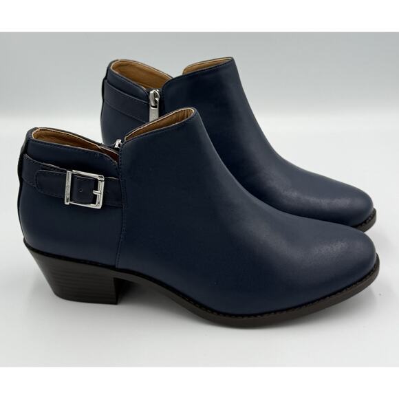 Vionic Women’s Millie Leather Ankle Boots 9W Navy Buckle Zip Low Heel Orthotic - Picture 1 of 13